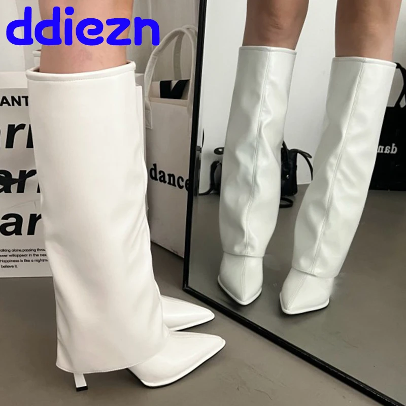 Fashion Pleated Modern Party Ladies Knee High Boots Shoes Pointed Toe Heels Women Long Western Boots Slip On Female Pumps Shoes