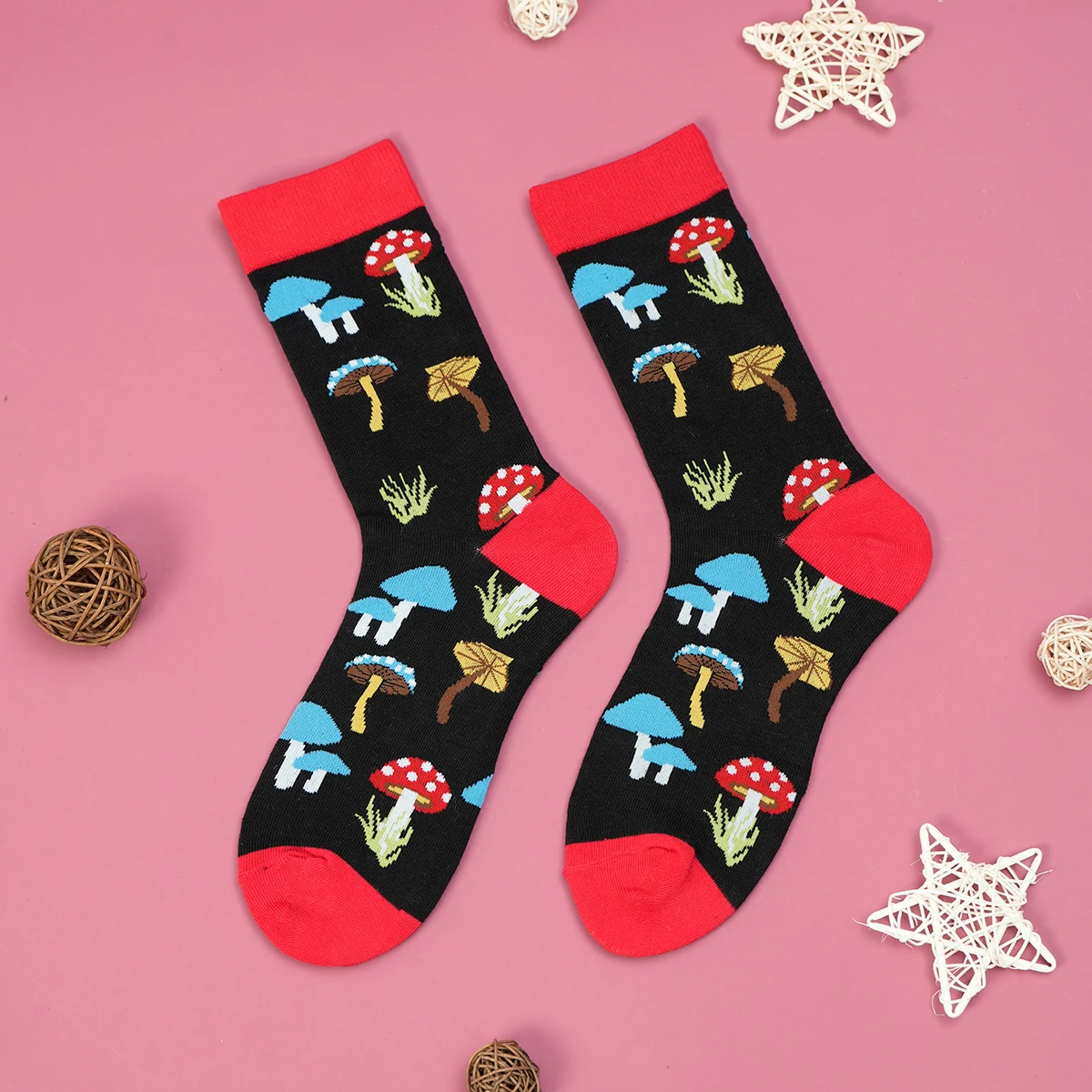 

1 Pair Multicolor Mushroom Umbrella With Black Background Breathable Men's and Women's Mid-calf Socks Suit In All Seasons
