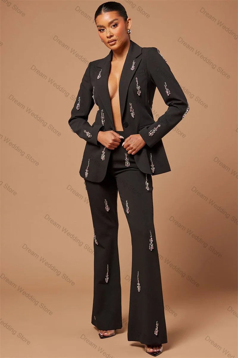 

Luxury Black Women Suit Set 2 Pcs Blazer+Pants Shiny Crystals Cotton Formal Office Lady Jacket Customized Wedding Guest Coat
