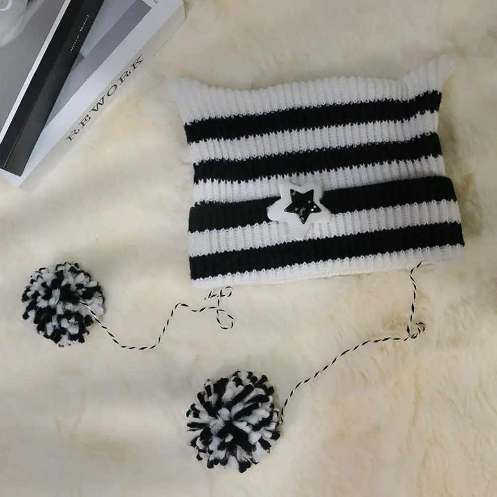 Ladies Knit Hat Ladies Winter Hat with Fur Ball Striped Star Fur Ball Decor Winter Ladies Hat with Kitty Head Design for Warmth