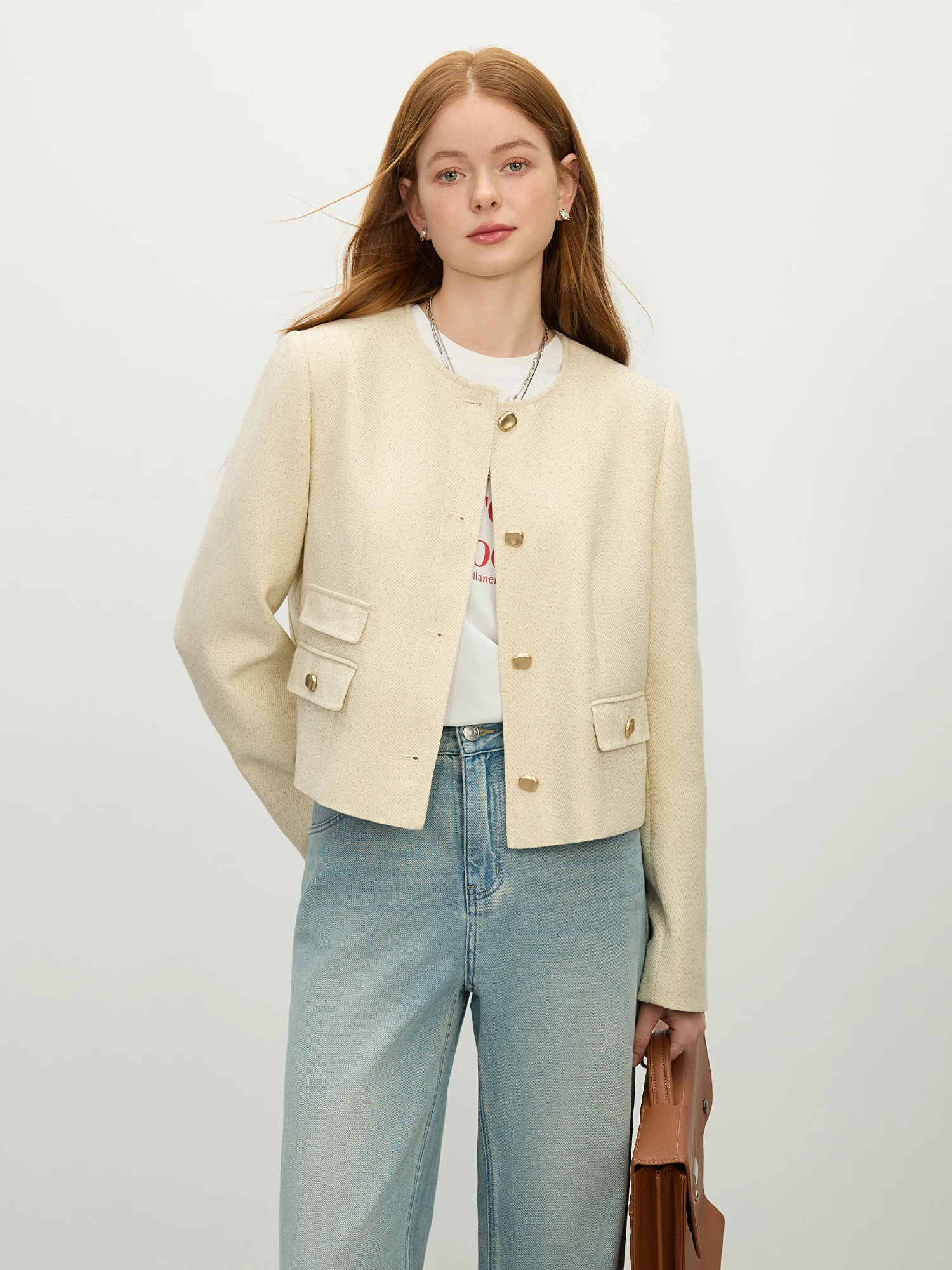 FSLE Women 2025 Spring Tweed Jackets Tempermanet Female Short Front Shoulder Coats Office Lady Beige Coats 25FS11348