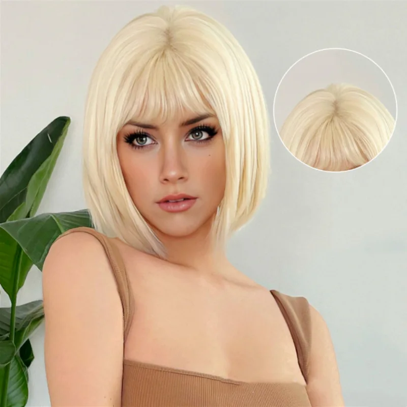 Hair Extensions Synthetic Fashion White Young Women Blonde Wigs Natural Breathable Head Cover Ladies Short Bobo Straight Wig Hat