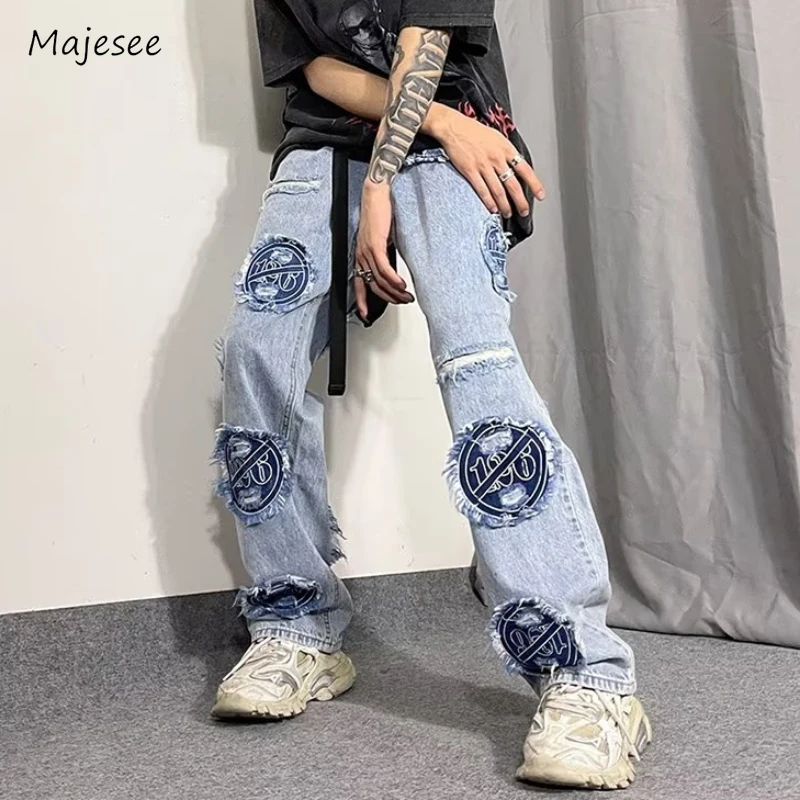 

Jeans Men Patchwork Hole European Style Personality High Street Denim Trousers All-match Harajuku Fashion Autumn Full Length New