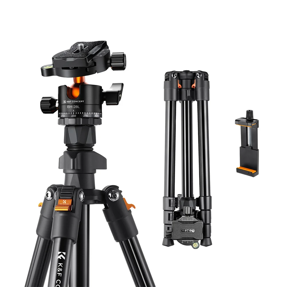 K&F Concept Aluminum Travel Tripod Outdoor 63.8inch/163cm Portable Outdoor Tripod with Mobile Phone Clip for Canon Sony Nikon