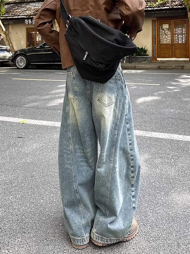 

Retro American Waed Splicing Wide Leg Jeans Loose Drapey Faded Straight Cut Pants Cleanfit Casual Trousers for Teens