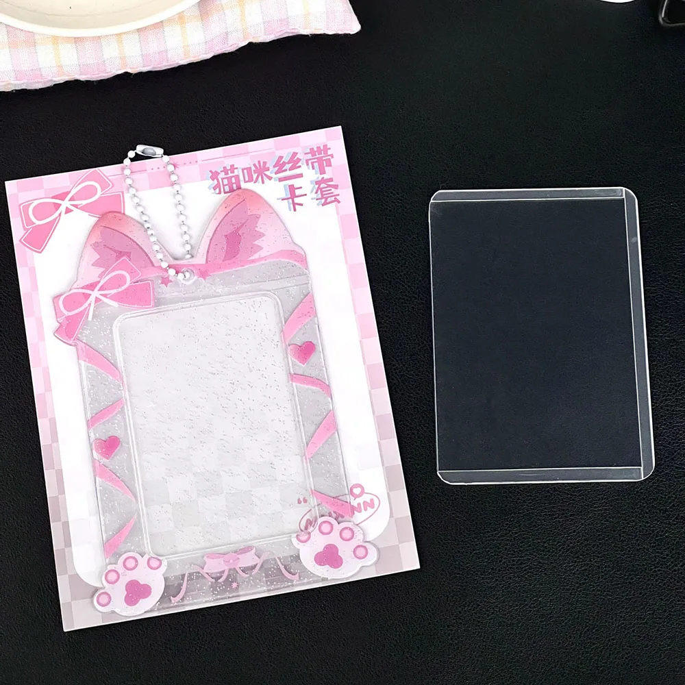 3 Inch Card Holder Cat Ribbon Pattern Photo Sleeves Cartoon Photocards Protector Lovely Glitter Card Organizer Cute Bag Pendant