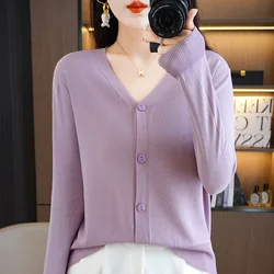 Summer 2023 New Korean Version Thin Solid V-Neck Ice Silk Knitted Long Sleeve Sunscreen Cardigan Fashion V-Neck Top for Women