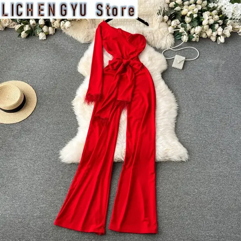 

New elegant style chic jumpsuit women diagonal collar long-sleeve burr patchwork high waist jumpsuits winter spring