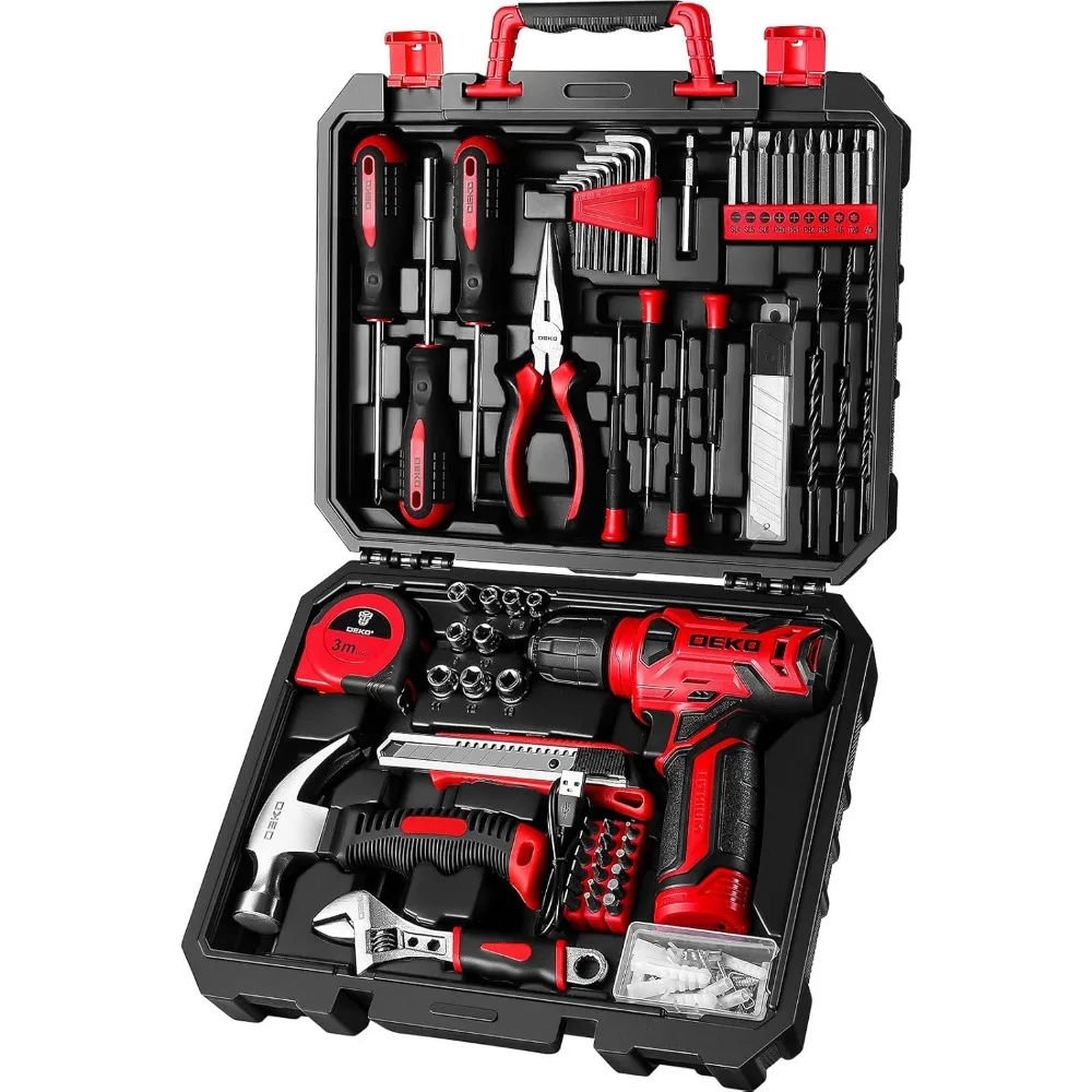 

DEKOPRO Drill Set: Tool Set with 8V Red Cordless Drill, Home Tool Kit with Drill, Hand Tool Kits for Women 126 Piece