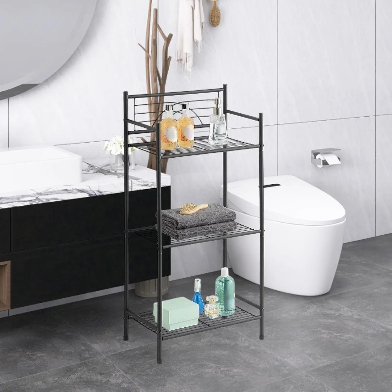 Standing Storage Shelf Unit Metal Storage Rack Multifunctional Open Floor Shelves 3 Layer for Closet Bathroom Kitchen (Black)