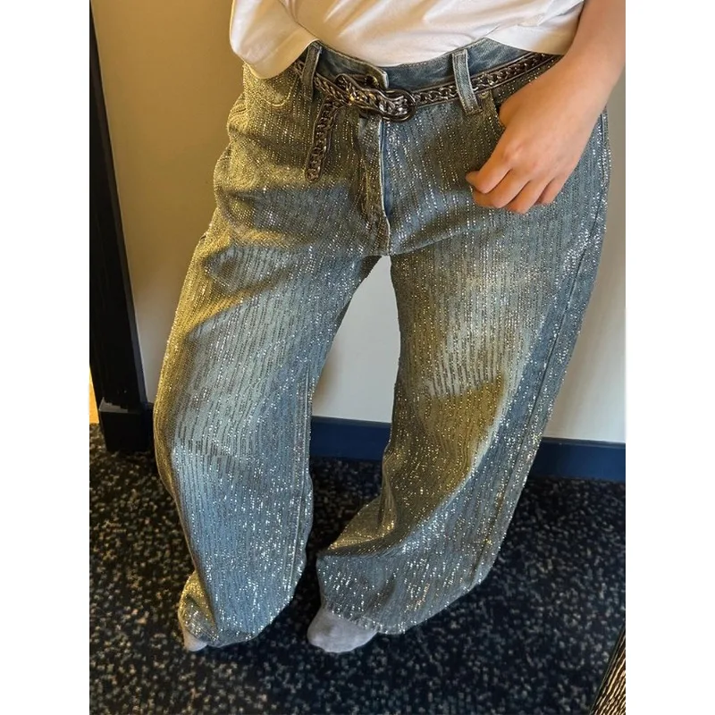 

Glitter Rhinestone Baggy Jeans Women Summer Vintage Wash High Waist Straight Wide Leg Pants Nightclub Festival Y2k Clothes