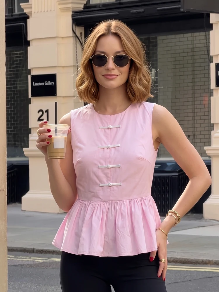 HH Women's Summer Soft Pink Waistcoat Round Neck White Chinese Frog Button Hem Cropped Vest Oriental Minimalist Office Daily Top