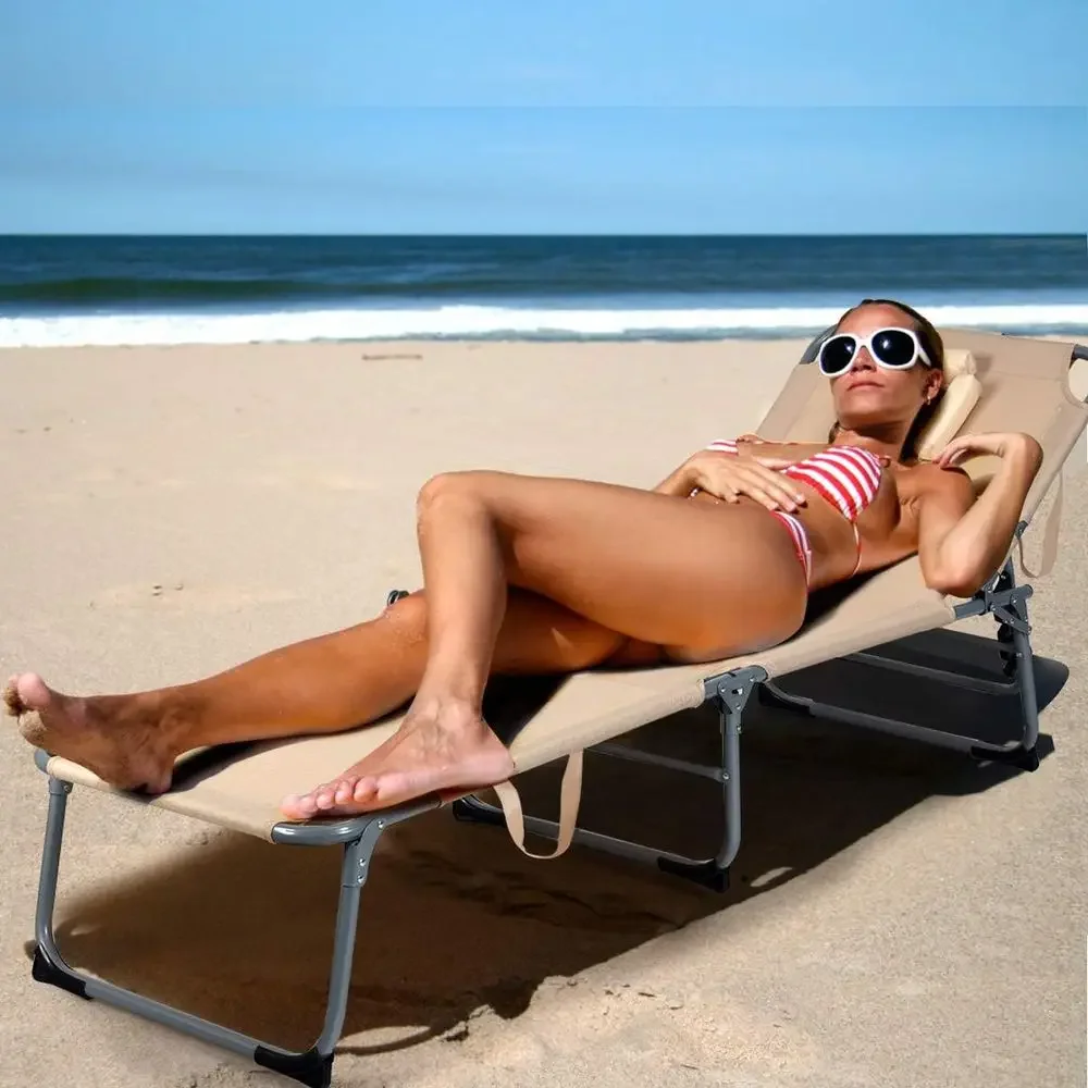 Sun Lounger with Hole, 5-Position Backrest, Removable Pillow & Carry Handle, Ideal for Beach, Pool, Lawn, and Patio (Sand)