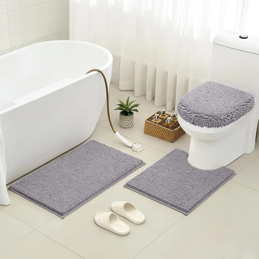 회색 욕실 매트 세트 3종 셔닐 욕실 매트 부드럽고 흡수성 좋은 미끄럼 방지 세탁 가능 욕실 매트와 변기 뚜껑 커버 포함 이상적인 선물