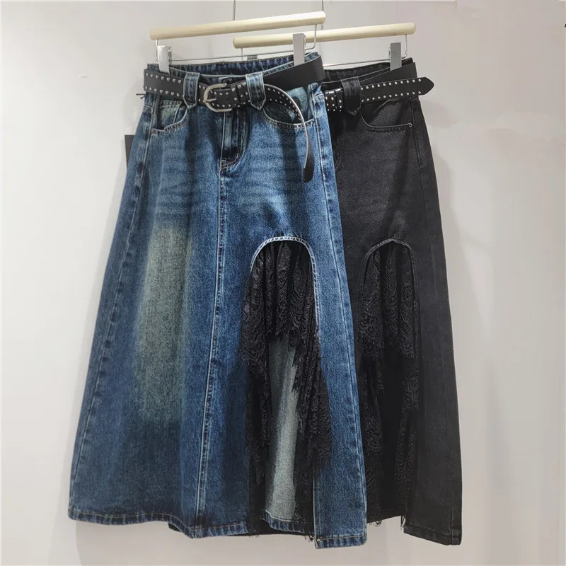 

Women Denim Solid Skirts Casual Slit Skirts Lace Patchwork Empire Waist Mid Calf Non Strech Loose Fit Street Wear 2025 Autumn