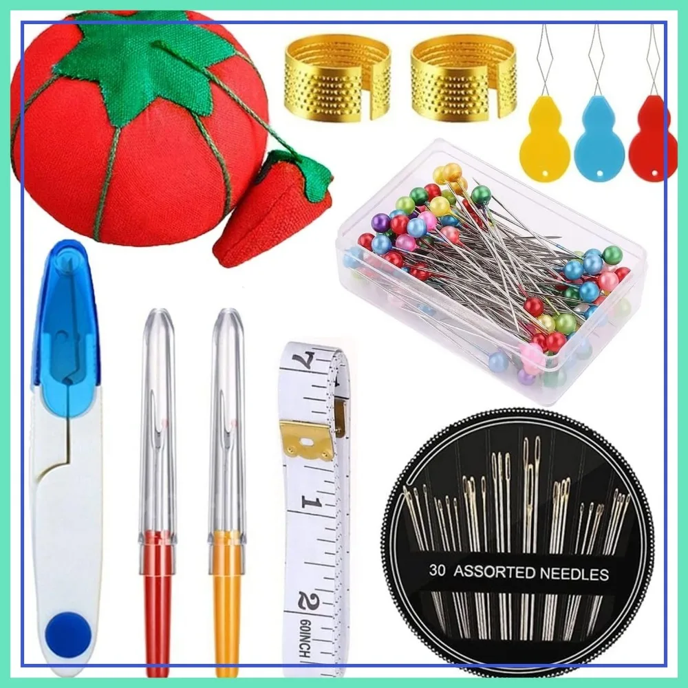

140-Piece Sewing Kit with Tomato Pin Cushion, Glass Head Pins, Self-Threading Needles, Scissors, Thimble, Tape Measure