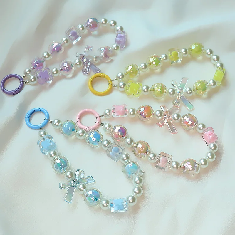 Bownot Bead Phone Chain Pendant For IPhone For Samsung Huawei Xiaomi Cellphone Rope Strap Bag Decoration Key Rings Keychain
