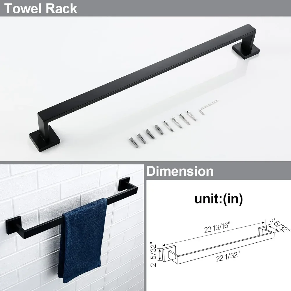 Set di accessori per il bagno nero opaco, Set di portasciugamani da parete in 4 pezzi portasciugamani per bagno resistente, 23.6 pollici