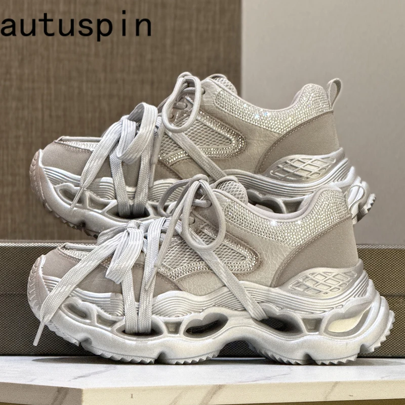 

AUTUSPIN Luxury Women Sneakers Fashion Street Chunky Crystal Shoes 2026 Winter Autumn Cross-tied Designer Casual Sneakers Woman