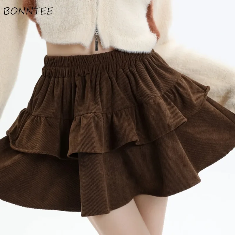 

Corduroy High Waist Mini Skirts Women Autumn Winter Ball Gown Faldas Solid Pleated Sweet-hot Comfortable Fashion Ruffles Chic