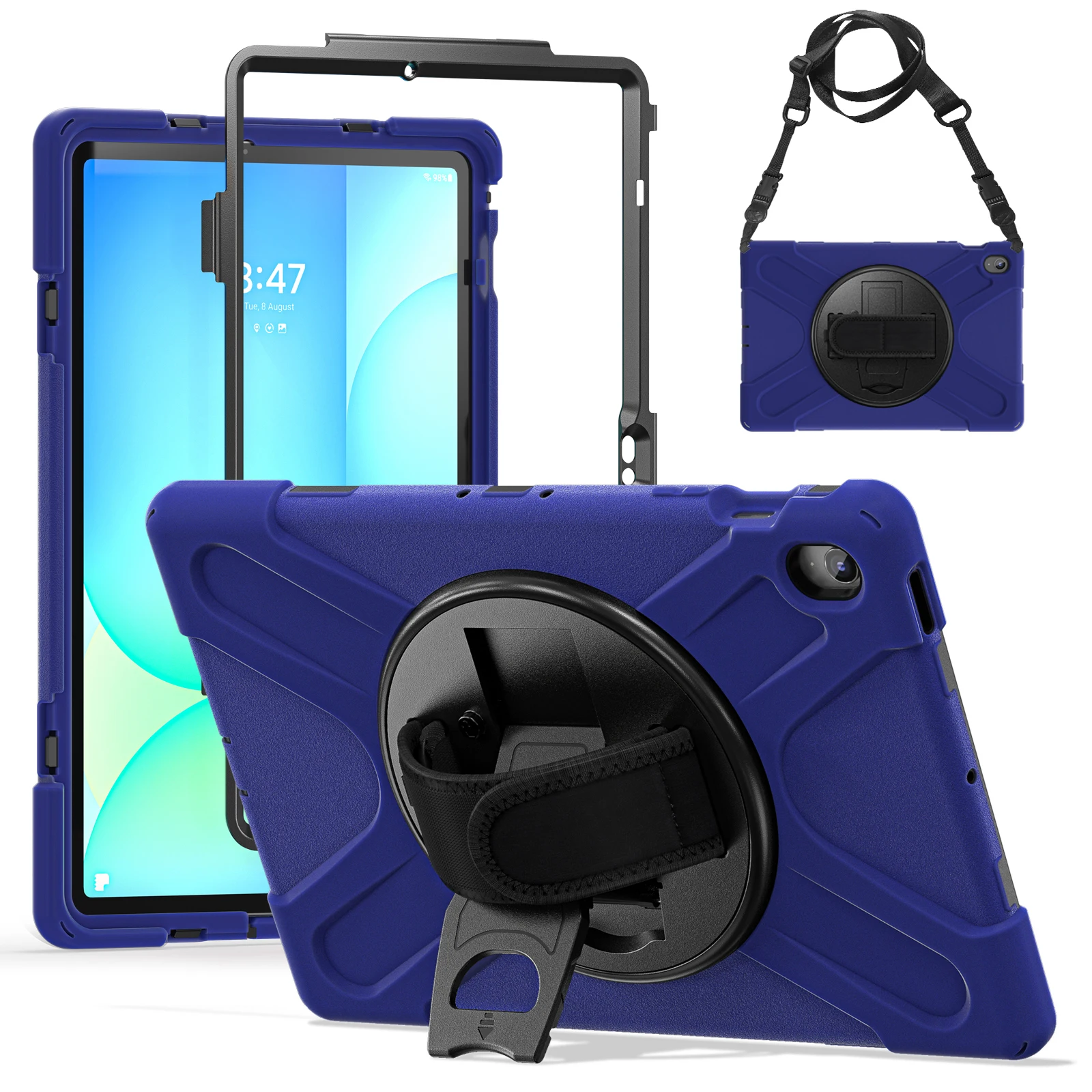 

For Samsung Galaxy Tab S10 FE+ SM-X620 / SM-X626B Kickstand Case TPU PC Silicone Tablet Cover with Shoulder Strap - Navy Blue