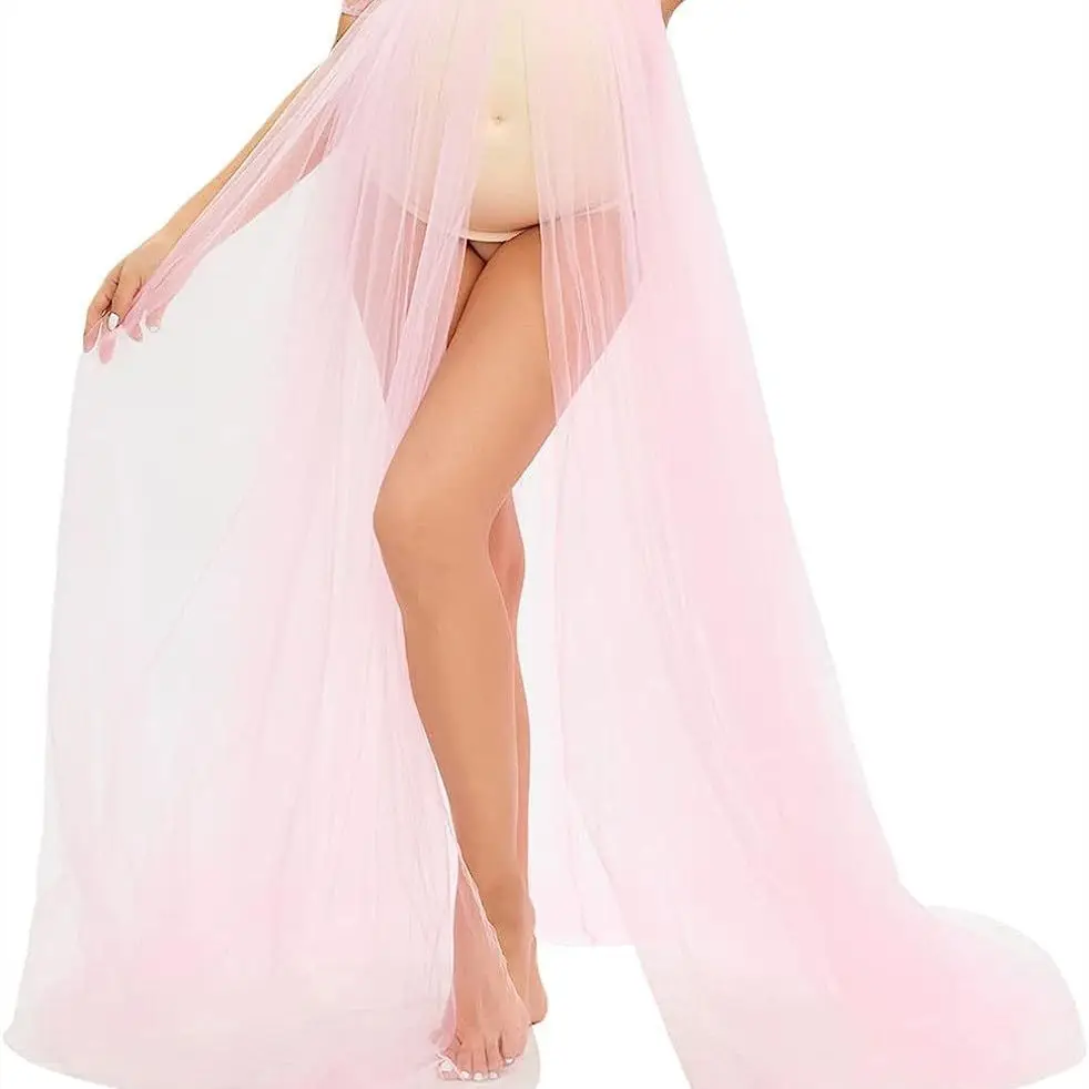 Pink Maternity Dresses Photoshoot Sexy Deep V-neck Pregnant Photography Session Dress For Women\'s Pregnancy Tulle Baby Maxi Gown