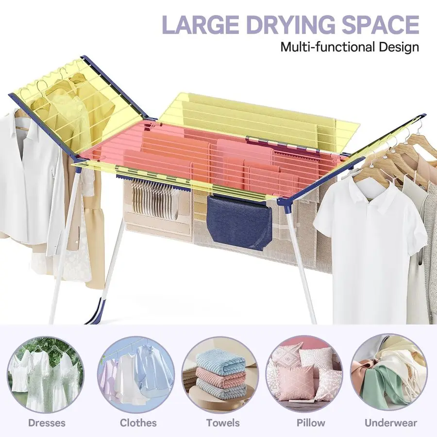 رف تجفيف الملابس، رف تجفيف قابل للطي، مساحة كبيرة، رف غسيل مجنح مع مشابك جورب لتعليق المناشف، الملابس دكتور