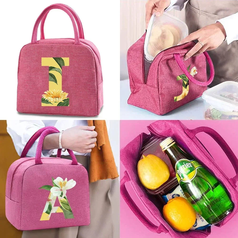 Lunch Bag Portable Lunch Bag Convenient Men and Women's Canvas Insulated Waterproof Tote Bag Food Organizer Alphabet Soft Print