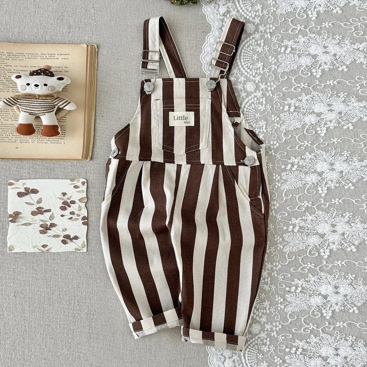 Spring Autumn Baby Brown White Vertical Stripe Linen Cotton Overalls, Adjustable Strap Roll Cuff Vintage Cargo Suspender Pants