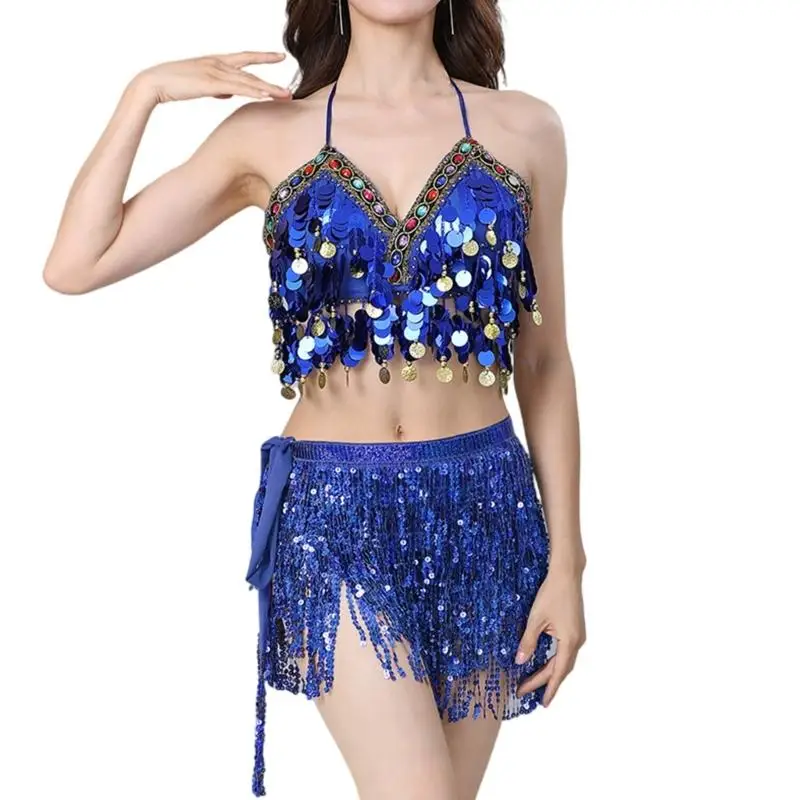 39BD Zweiteiliges Bauchtanz-Outfit für Damen, Pailletten-Fransen-Bauchtanzrock und Top-Set – Detail 4