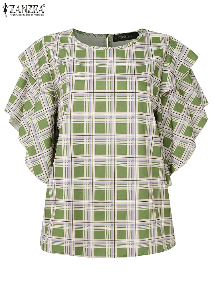 Fashion Elegant Blouse Women Office Work Tunic 2025 ZANZEA Casual Loose Ruffled Blusas Printed Vintage Plaid Tops Oversized