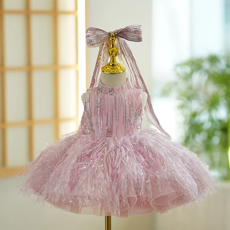 2023 Evening Wedding Champagne Dress for Flower Girls Kids Luxury Birthday Party Short Dresses Children Prom Pageant Bow Gowns