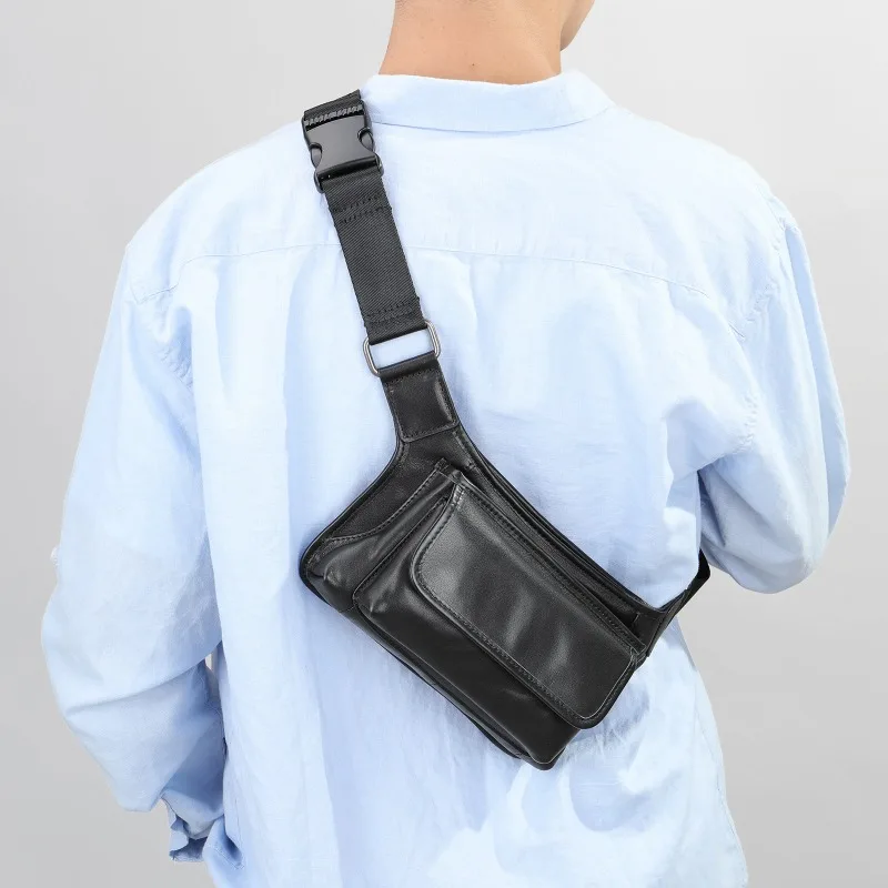 

XZAN New Leather Men's Breast Bag First Layer Cowhide Messenger Bag Handmade Sewing Line Retractable Handle Fanny Pack Hand Bag
