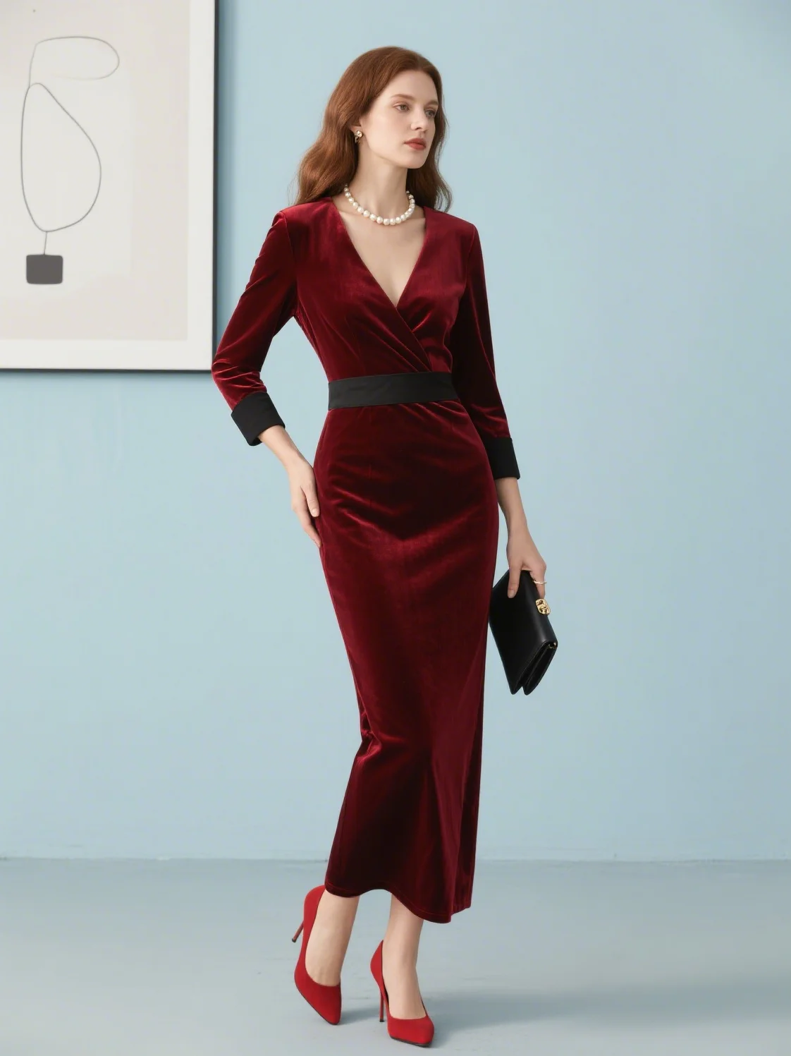 

Elegant Sheath Prom Gown Evening Dress V Neck Tea-Length Chiffon Lace 3/4 Sleeve Sash Wedding Guest Dress 2025 Free Customized