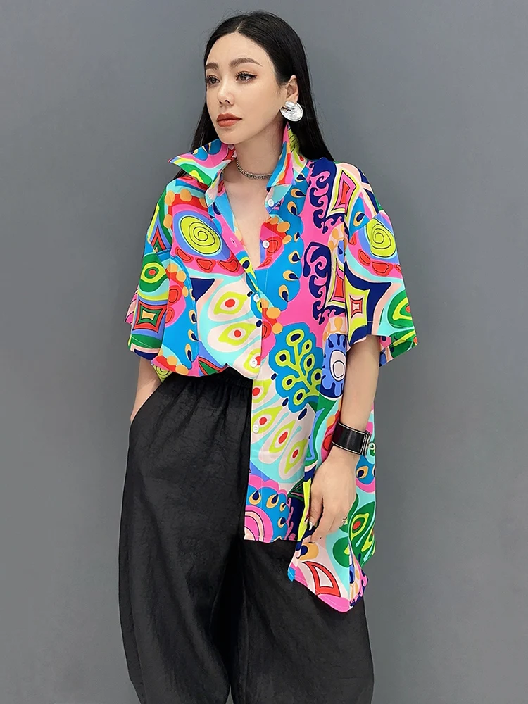 XITAO Asymmetrical Women Print Shirt Personality Fashion Loose Short Sleeve Top 2024 Summer New Street Trendy Shirt ZY8785