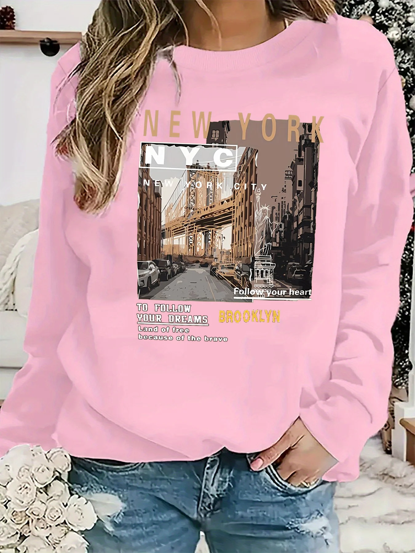 Pullover da donna autunno e inverno casual ampio, confortevole, caldo, con motivo New York City stampato, girocollo, maniche lunghe