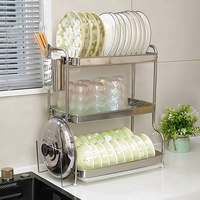 Dish rack, dish drying rack with utensil holder, stainless steel 304, with bottom drainage tray, anti-slip &anti-rust， 2/3 tier
