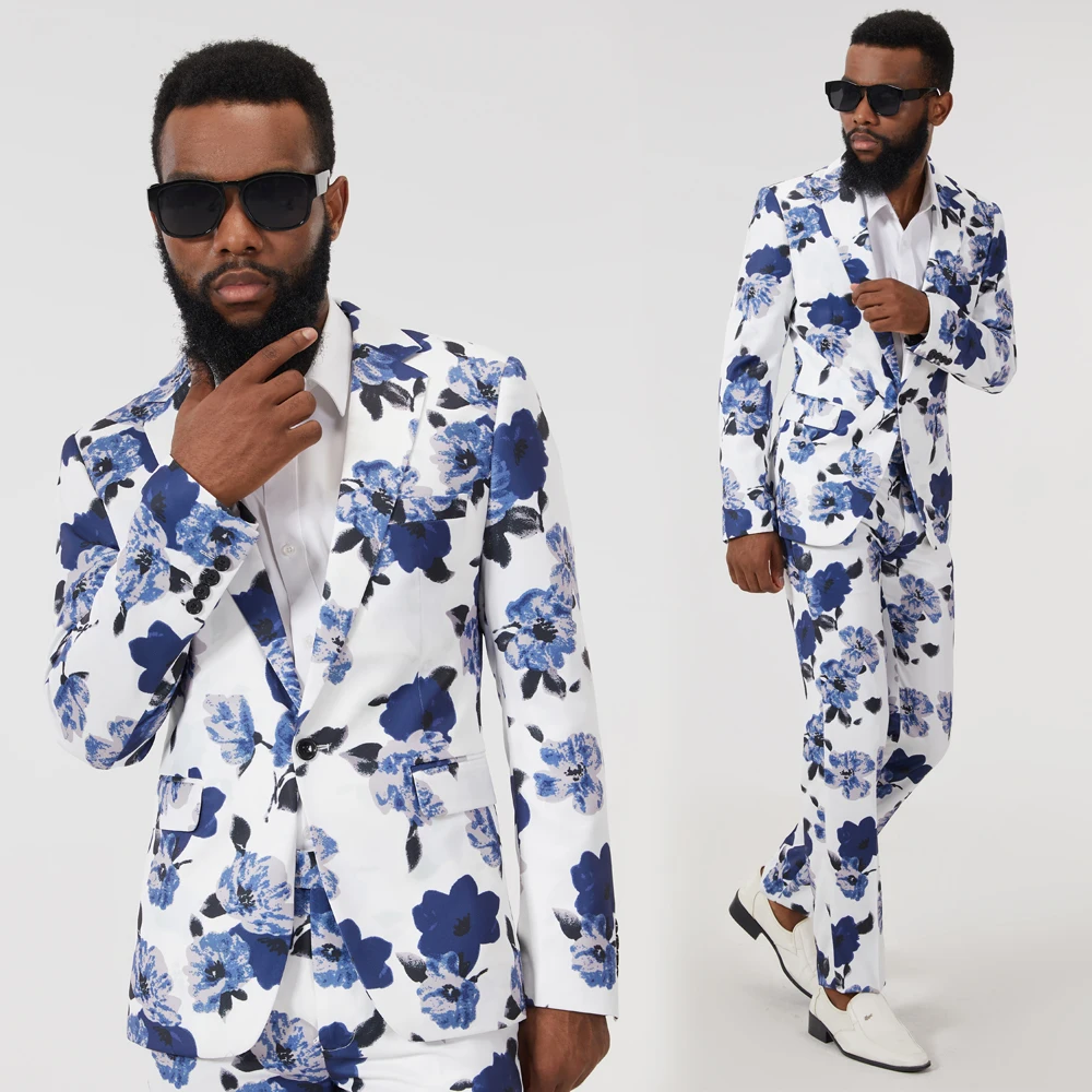 Mens New Fashion Slim Print Blue And White Suits Set 2PCS Suits (Coat+ Pants) Performance DJ Jacket Luxury Singer Star Coat