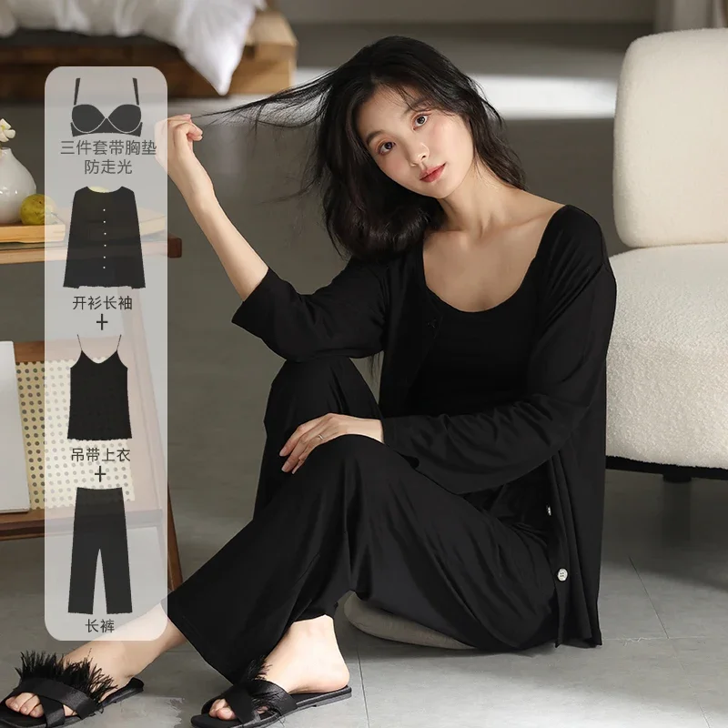 Pajamas female sweet sexy suspenders with chest pads three-piece spring autumn long sleeve cardigan loungewear to wear outside