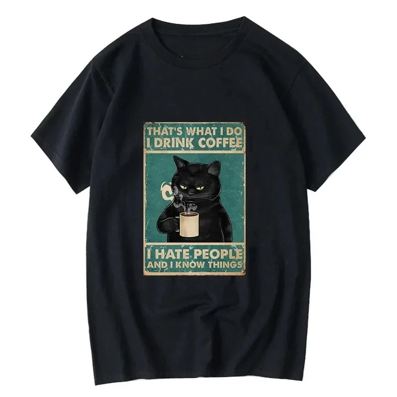 Women T-shirt Funny Cat Drinking Coffee Printing Summer Casual Cool Loose Women O-neck T-shirt Women Tops Graphic T Shirts Y2K