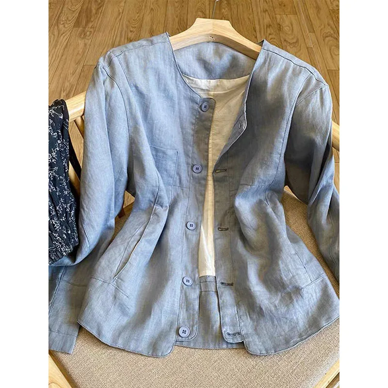 

Blue Linen French Jacket High end Slim Single Breasted Coat Women Long Sleeve Cardigan Spring Autumn O-neck Tops