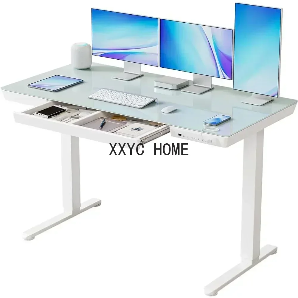 Electric Standing Desk with Drawers,55 Inch Whole-Piece Glass Desktop,Height Adjustable Stand Up Sit Stand Home Office Ergonomic