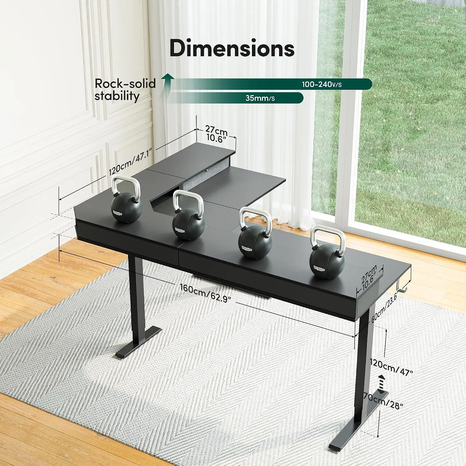 L Shaped Electric Standing Desk 63x48in Drawers Reversible Top 2 Memory Heights Office Gaming Adjustable Table Black, Customized