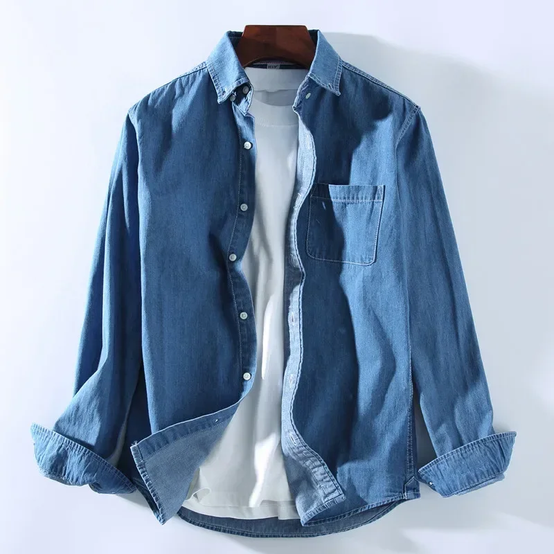 Men\'s Clothing Casual Denim Shirt Fashion Simple Blue Cotton Comfortable Slim Jean Long Sleeve Shirt Male Brand Coat