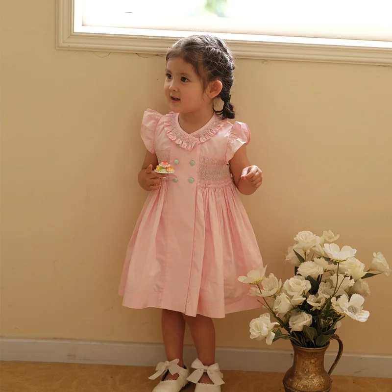 Smocking Hand Embroidery Pink Fashion New In Baby Kids Clothes Girls Cotton Dresses Children Clothing Summer Dress Vestidos