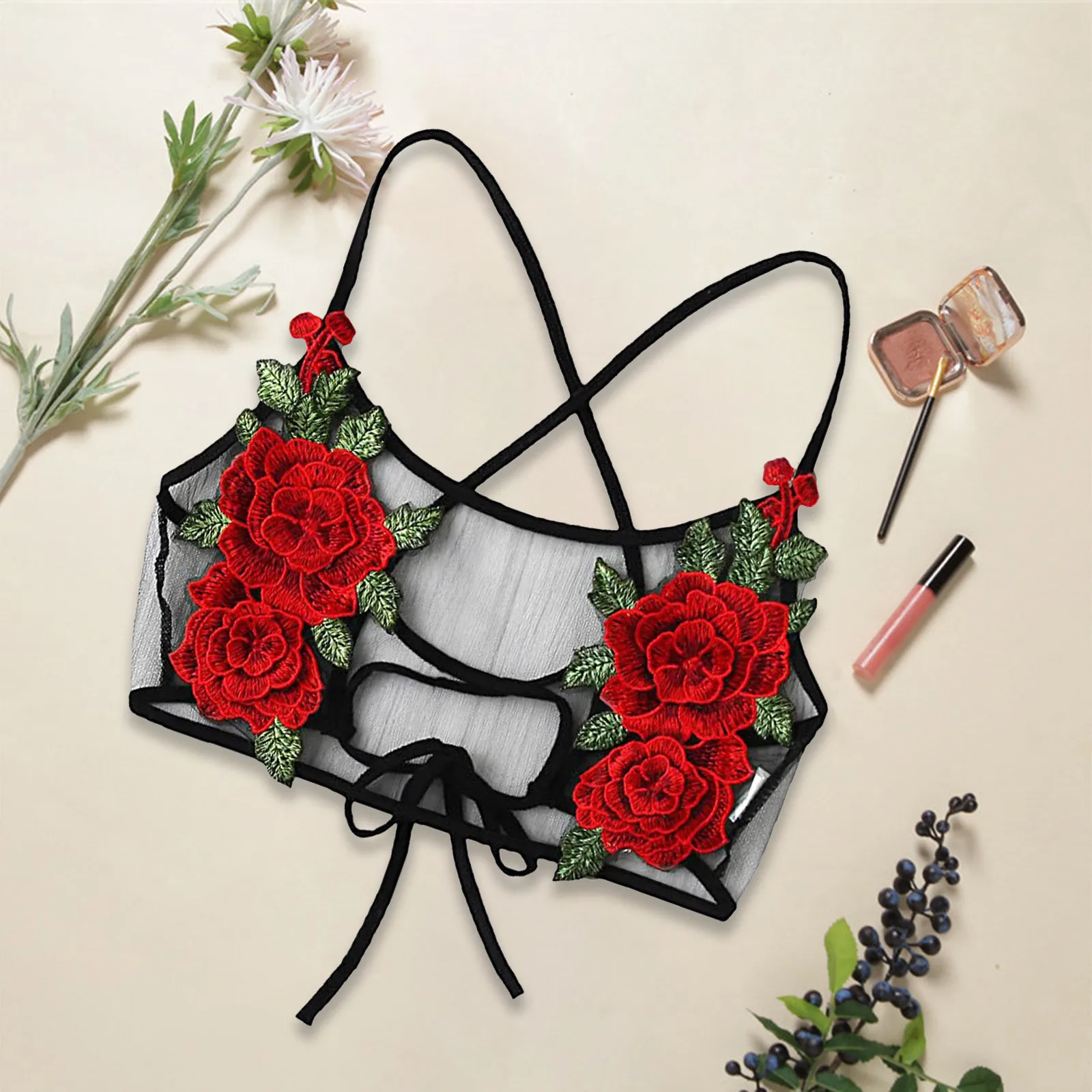 

Women's Sexy Black Sheer Mesh Crop Tops See Through Backless Floral Embroidery T Shirt Transparent Camis Bralette Bustiers Tops