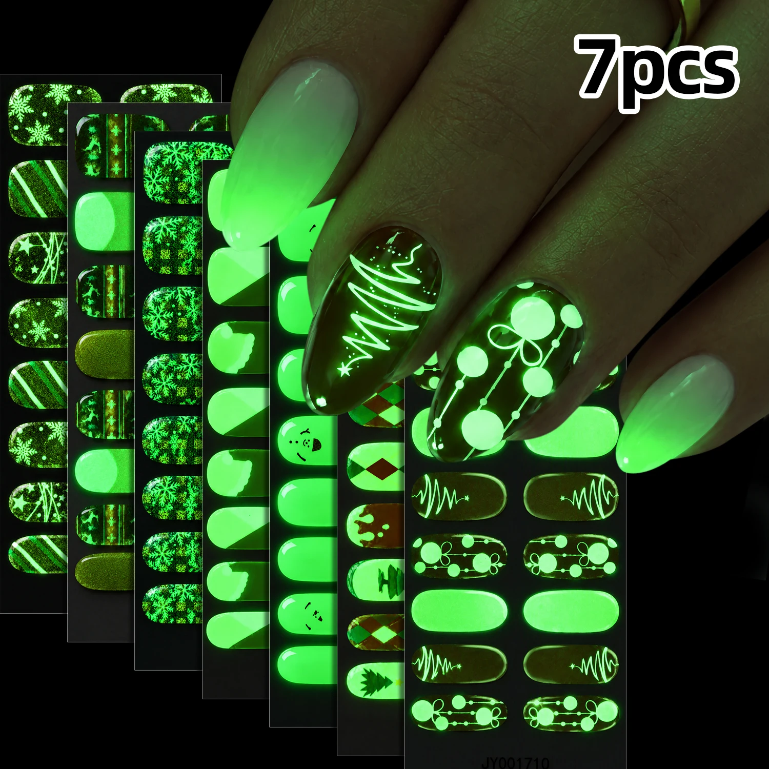 7Pcs Glow In Dark Christmas Nail Sticker Wraps Retro Diamond Lattice & Xmas Tree Patterns Nail Decals Starters Manicure Design *