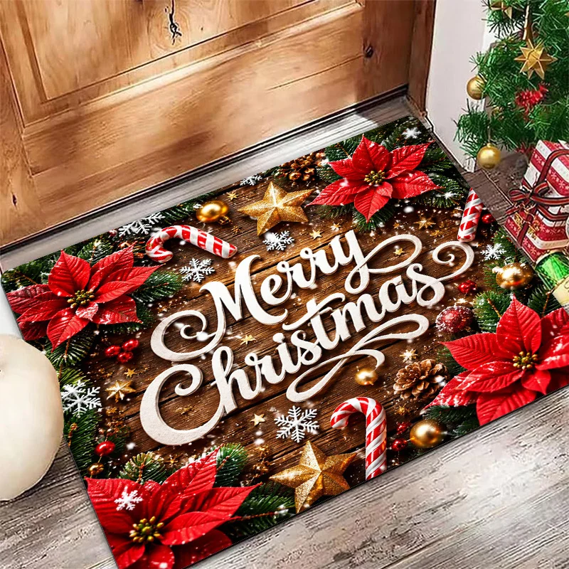 Santa Claus Candy Cane Christmas Rug Starry Sky Gold Bell  Print Non Slip Absorbent Floor Mat For Holiday Living Room Decor