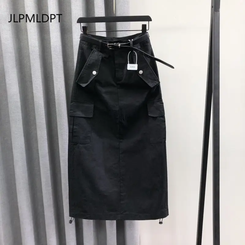 Falda vaquera de cintura alta verde militar para mujer, moda Primavera Verano 2025, vestido informal holgado con herramientas con palabra A