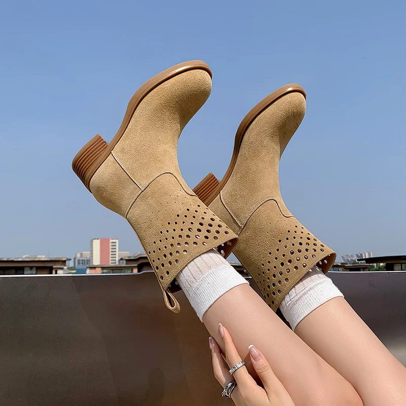 

QUTAA 2026 Fashion Winter Women Ankle Boots Hollow Cow Suede Leather Autumn Shoes Mid Heels Round Toe Dress Short Boots 34-40